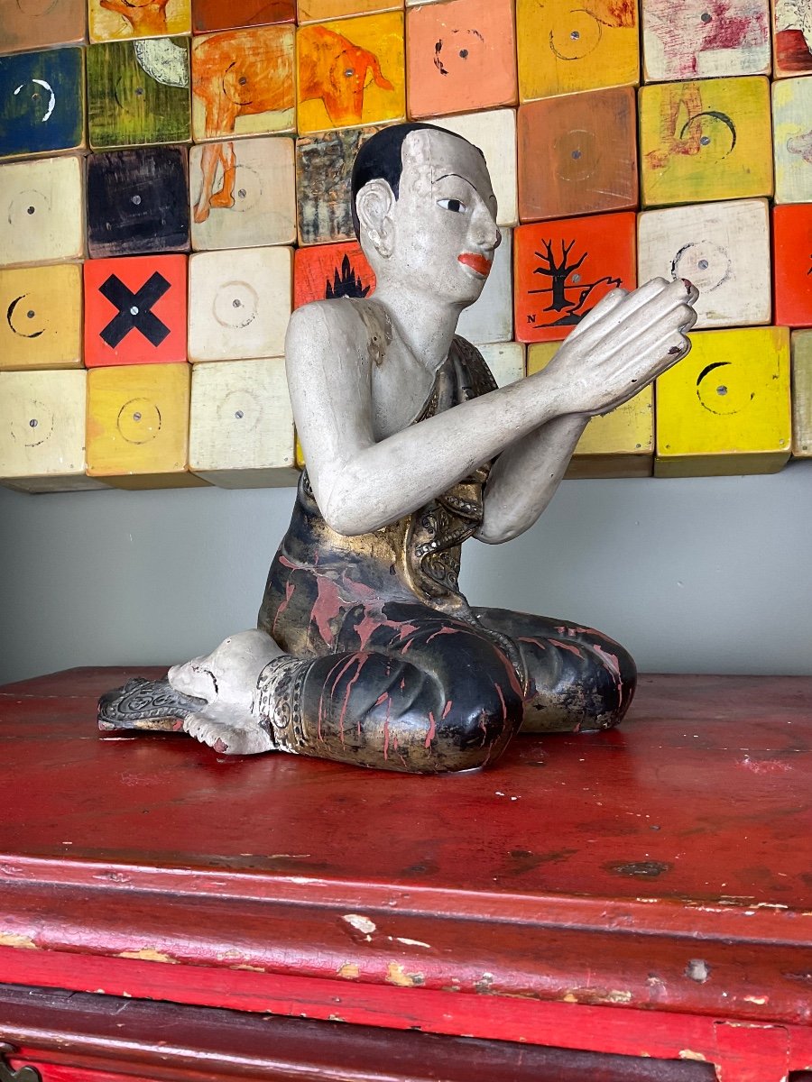 Birmanie, Début XXe, Deux Disciples De Bouddha En Bois.-photo-5