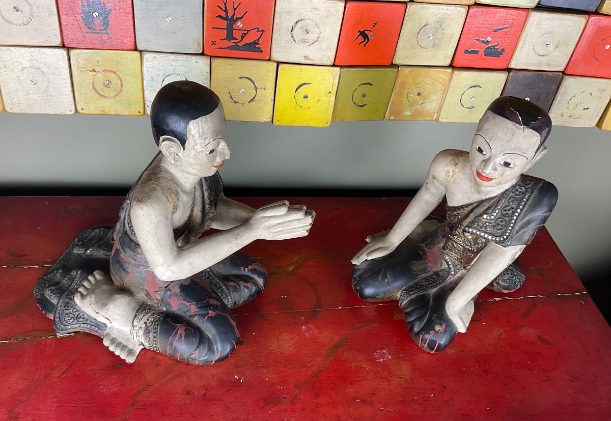 Birmanie, Début XXe, Deux Disciples De Bouddha En Bois.-photo-6