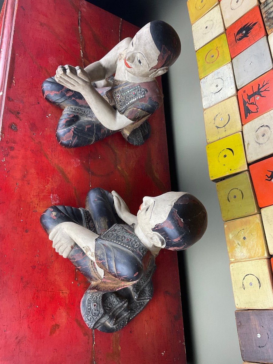 Birmanie, Début XXe, Deux Disciples De Bouddha En Bois.-photo-7