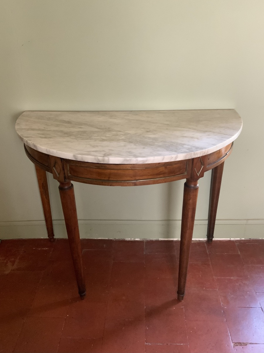 19th Century: A Half-moon Console Table In Walnut And Marble-photo-1