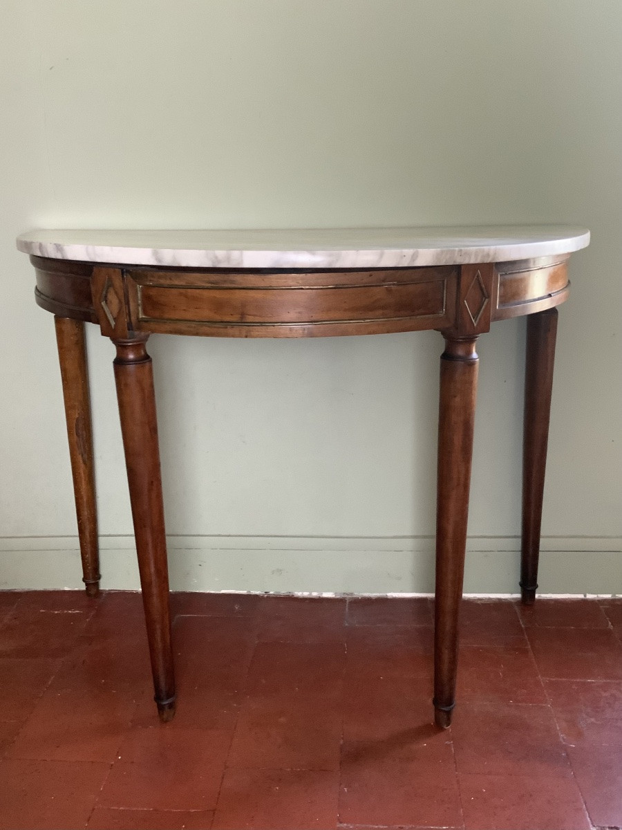 19th Century: A Half-moon Console Table In Walnut And Marble-photo-3
