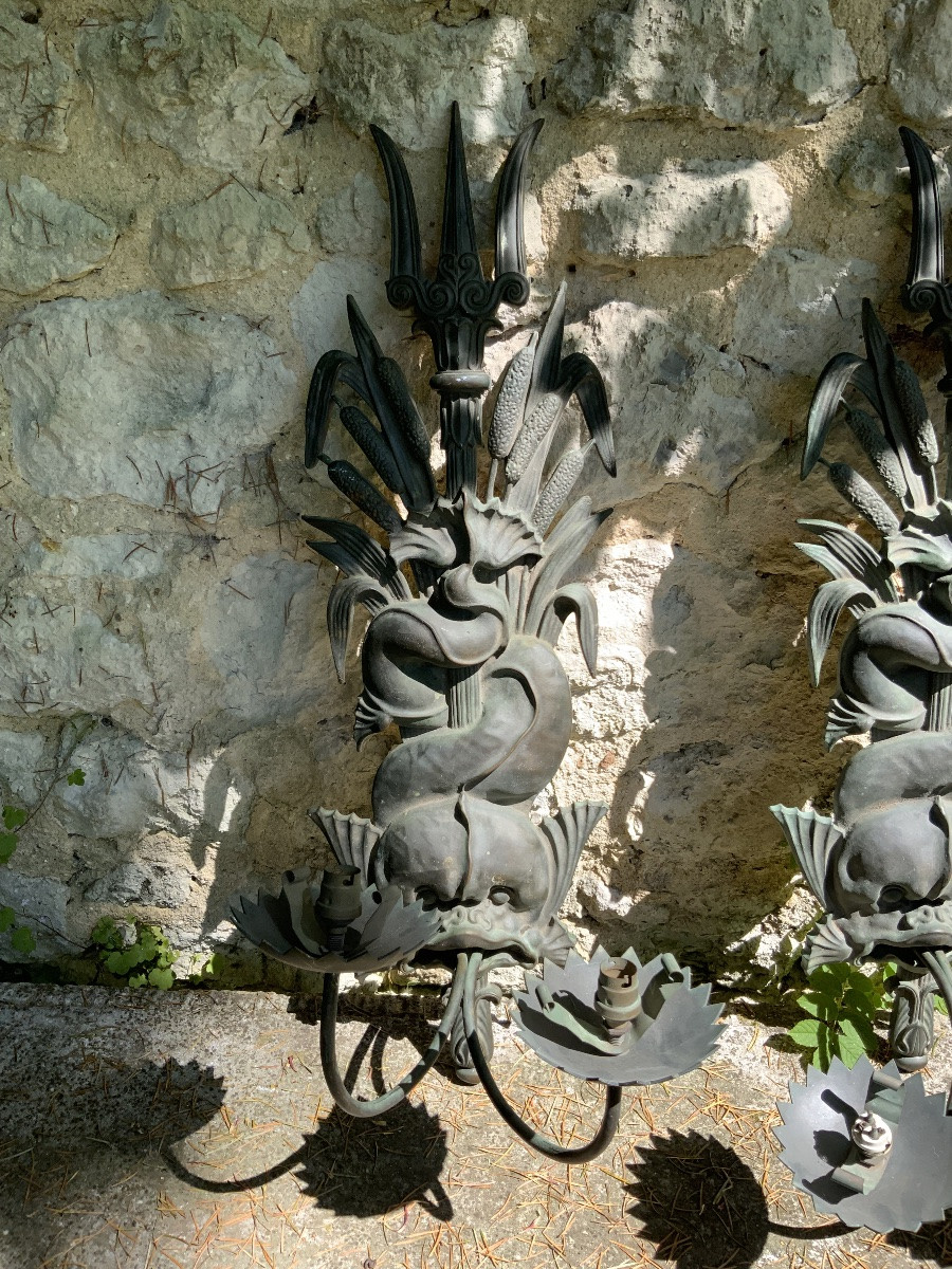 Très Grande Paire D’appliques Aux Dauphins.-photo-1