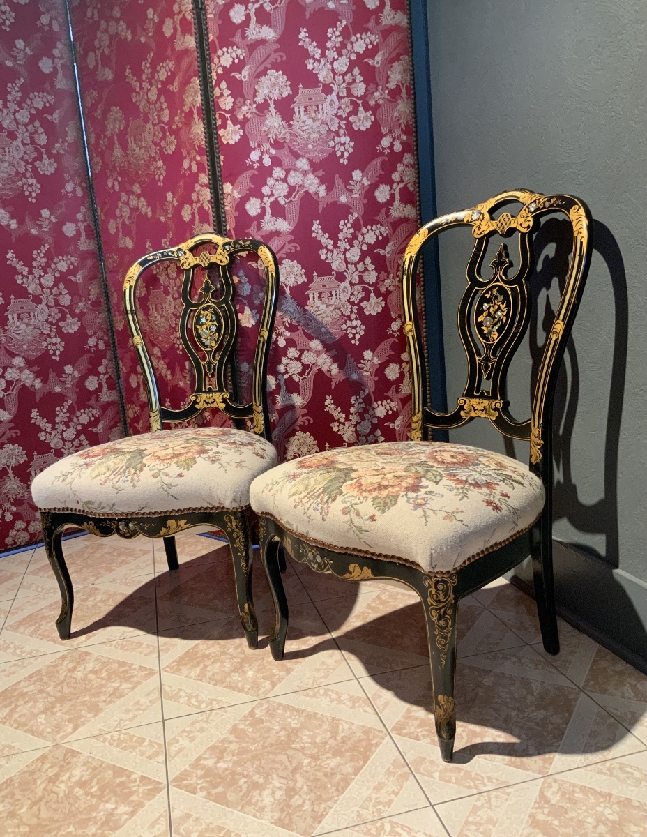 19th Century: Pair Of Napoleon III Chairs In Black And Gold Lacquered Wood-photo-2
