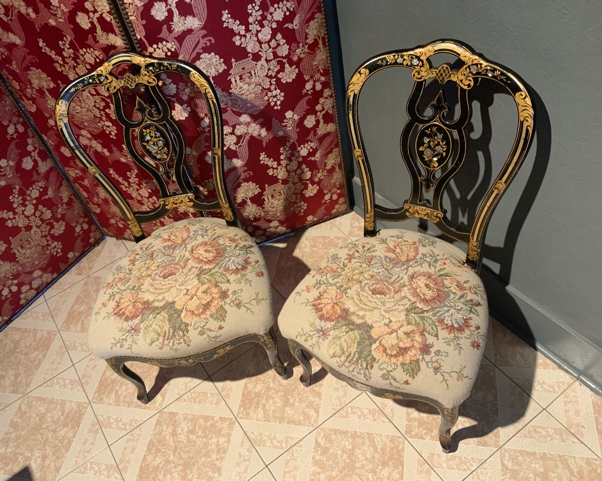 19th Century: Pair Of Napoleon III Chairs In Black And Gold Lacquered Wood-photo-3