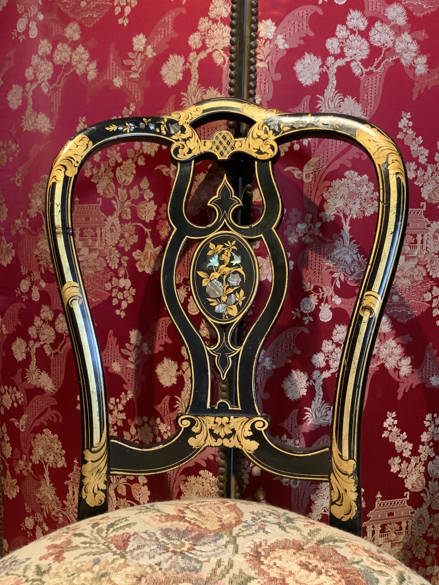 19th Century: Pair Of Napoleon III Chairs In Black And Gold Lacquered Wood-photo-4