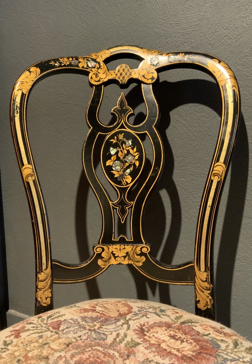 19th Century: Pair Of Napoleon III Chairs In Black And Gold Lacquered Wood-photo-1