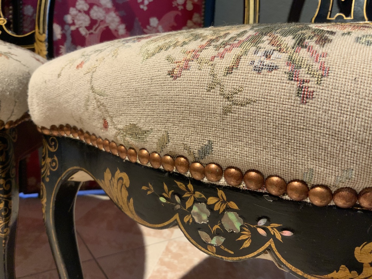 19th Century: Pair Of Napoleon III Chairs In Black And Gold Lacquered Wood-photo-5