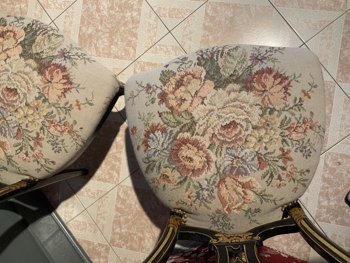 19th Century: Pair Of Napoleon III Chairs In Black And Gold Lacquered Wood-photo-6