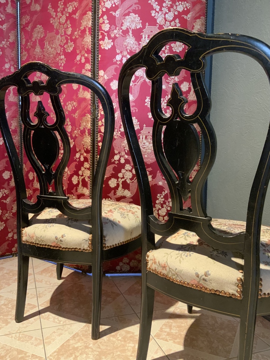 19th Century: Pair Of Napoleon III Chairs In Black And Gold Lacquered Wood-photo-7