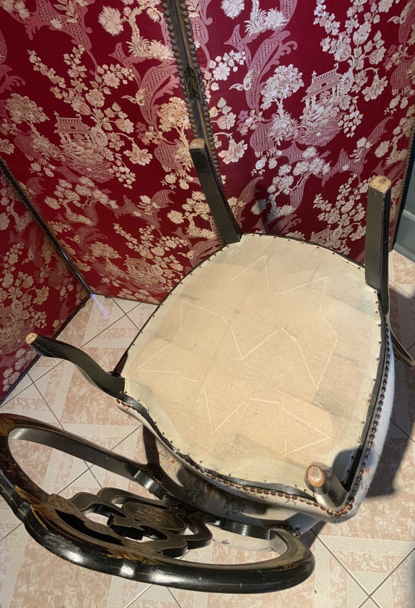 19th Century: Pair Of Napoleon III Chairs In Black And Gold Lacquered Wood-photo-8