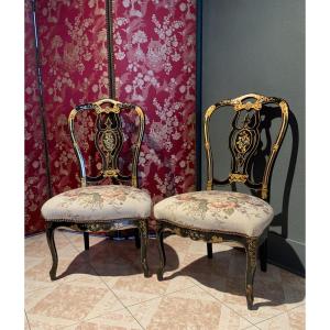 19th Century: Pair Of Napoleon III Chairs In Black And Gold Lacquered Wood
