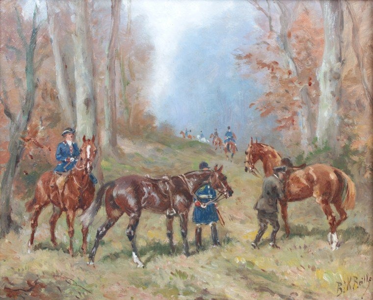 Baron Karl Reille ( 1886 - 1975 ) paire de scènes  de vènerie ( èquipage Belge ? )-photo-2