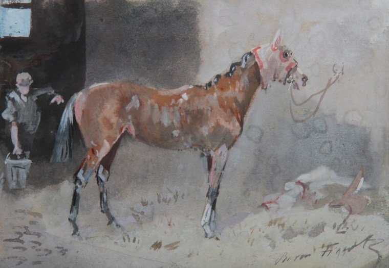 Baron Jules Finot ( 1842 - 1908 ) " Cheval de course  au boxe soigné par son lad " 