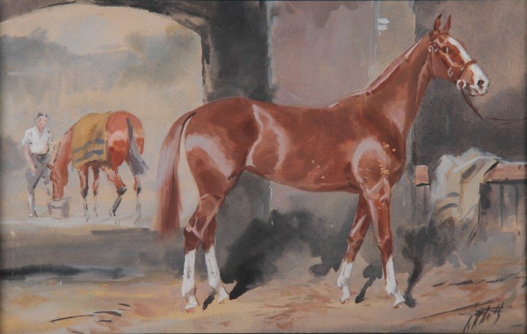 Baron Karl Reille ( 1886 - 1975 )  "  cheval de course à l'écurie "-photo-2