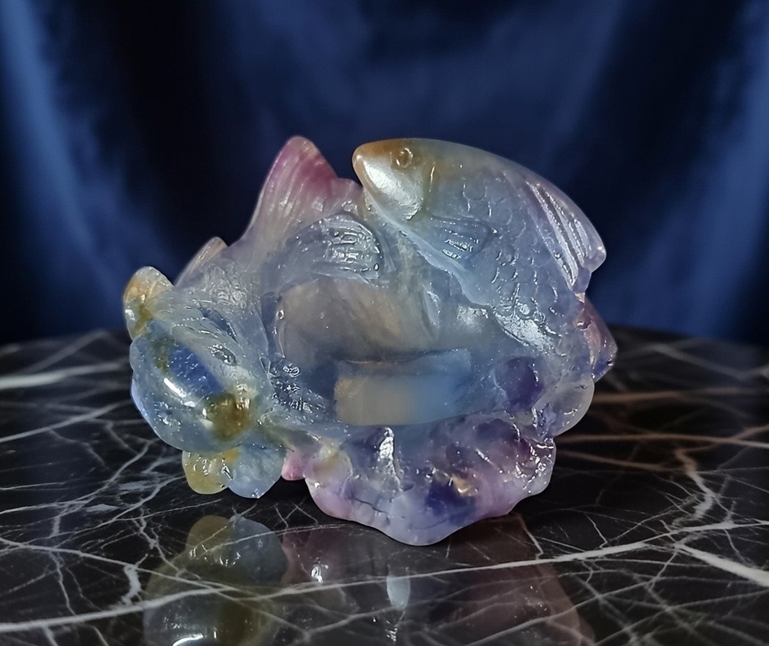 DAUM FRANCE - mini coupelle en pâte de verre représentant 2 poissons dans un tourbillon d'eau