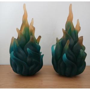 Daum - Pair Of "flame" Model Sculptures In Glass Paste