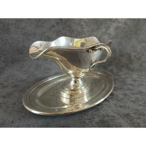 Christofle Large Double Sauce Boat On Silver Metal Display With Two Handles And Tray.