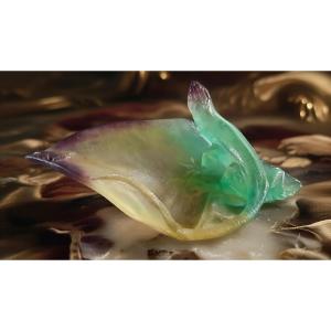 Daum Pâte De Verre Depicting A Lizard And An Insect On A Leaf.