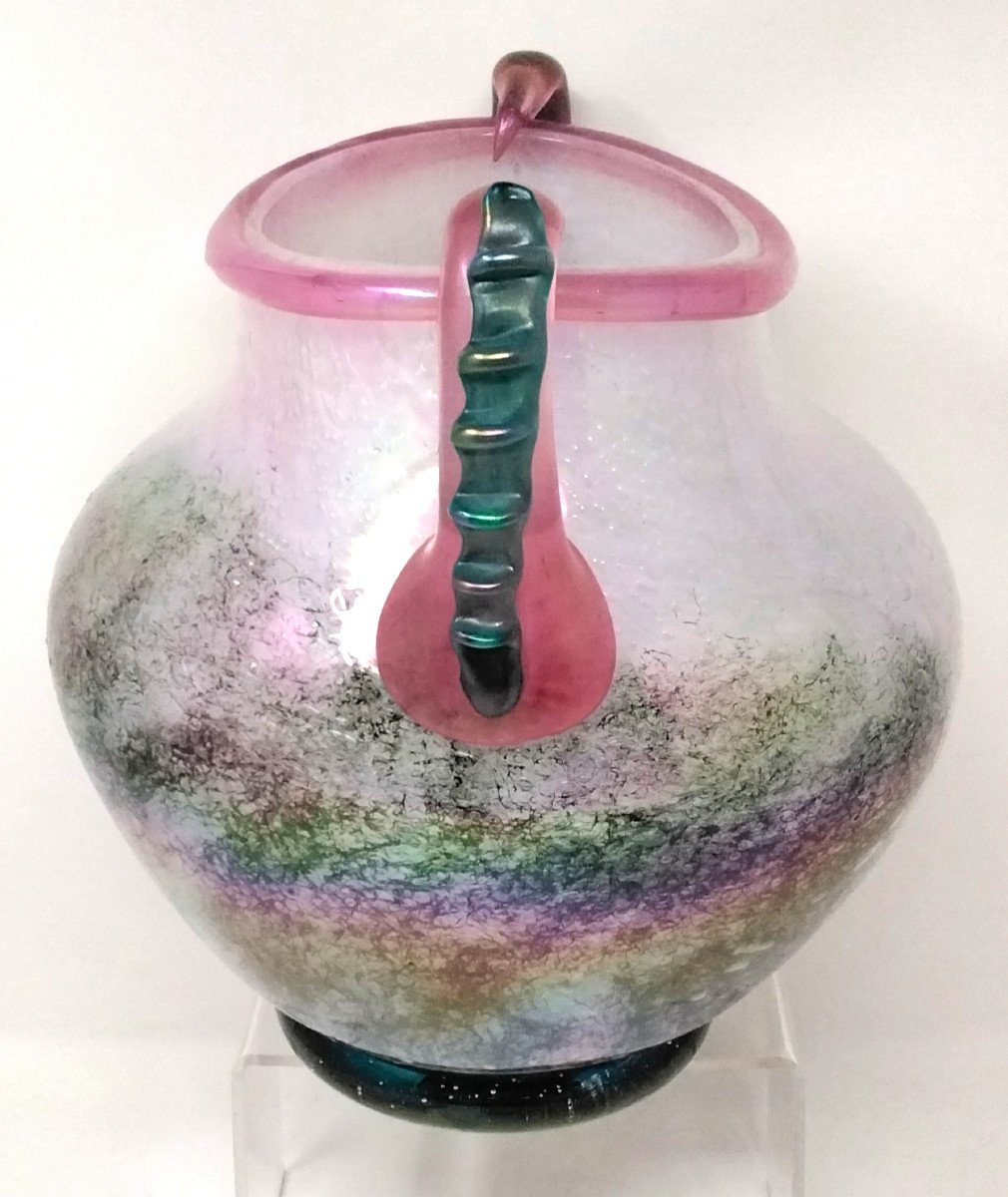 Vase  bullé, nacré,  deux anses, décor intercallaire Murano Style Ercole Barovier -photo-2