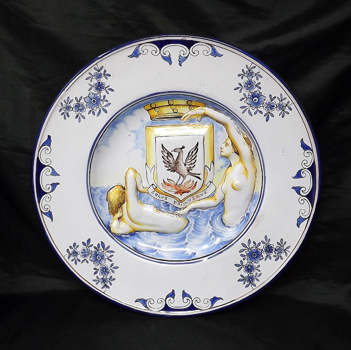 Large Nevers Earthenware Dish Decorated With Nymphs And Phoenix Coat Of Arms