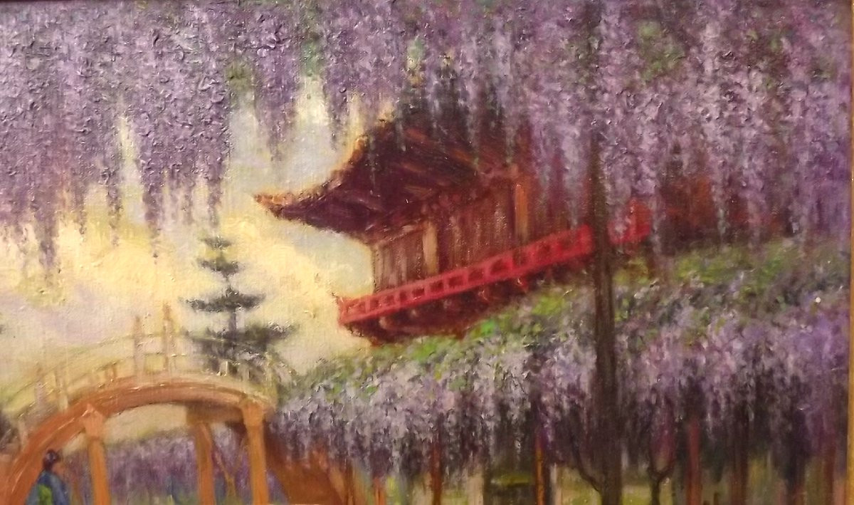 Oil On Canvas By Georges Dantu Japanese Garden With Wisteria-photo-3