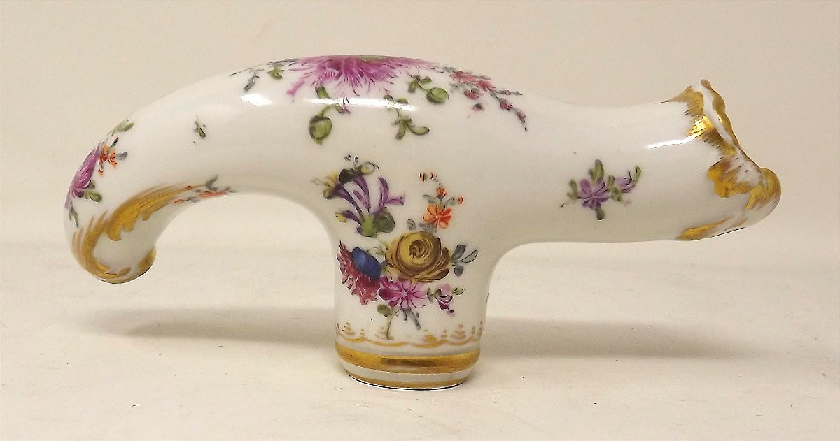 Rococo Style Cane Knob, Saxon Porcelain, Floral Decoration And Gilding-photo-3