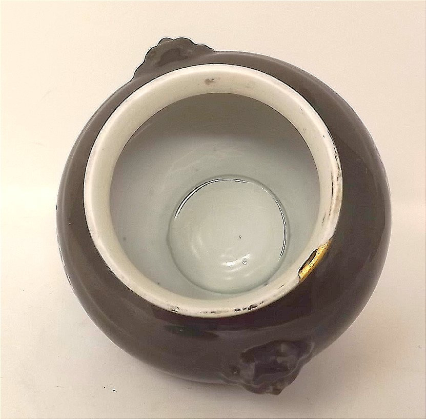 Covered Porcelain Pot Tripod Japan 19th Century Brown Phoenix Blue Kintsugi-photo-3