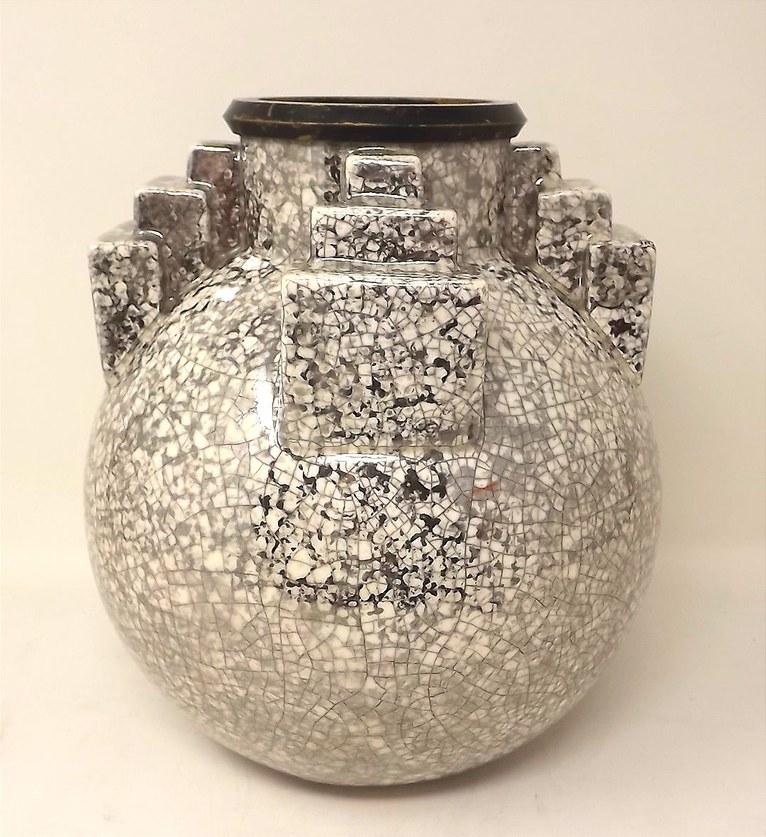 Cracked Ceramic Vase Enhanced With Platinum By Berlot-mussier (vierzon France) Art Deco -photo-2