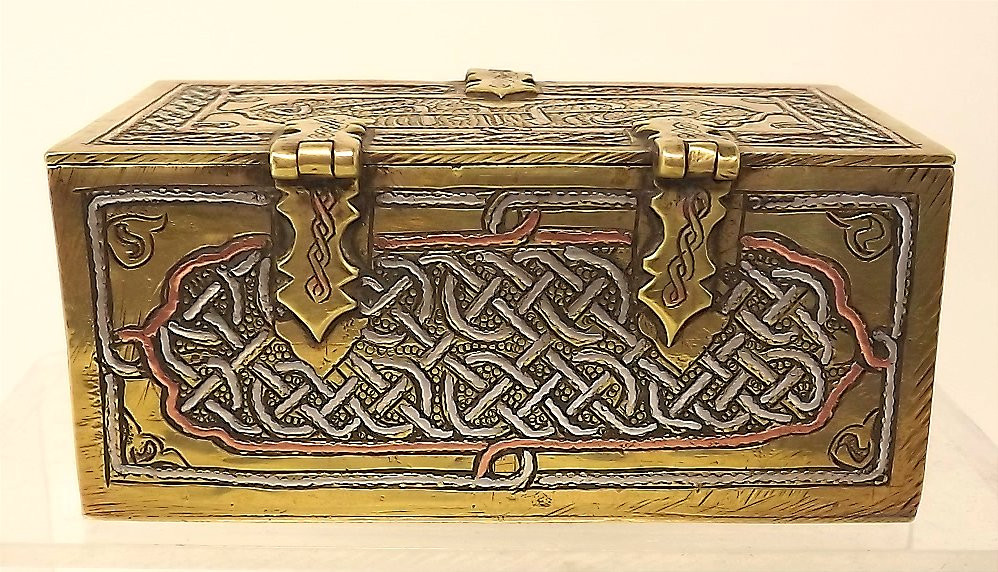 Coffret à Coran XIXeme laiton argent cuivre et marqueterie de paille-photo-3