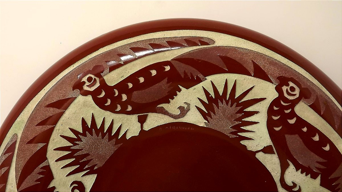 Ceramic Cup By Roger Mequinion Art Deco Decor Of Pheasants-photo-3