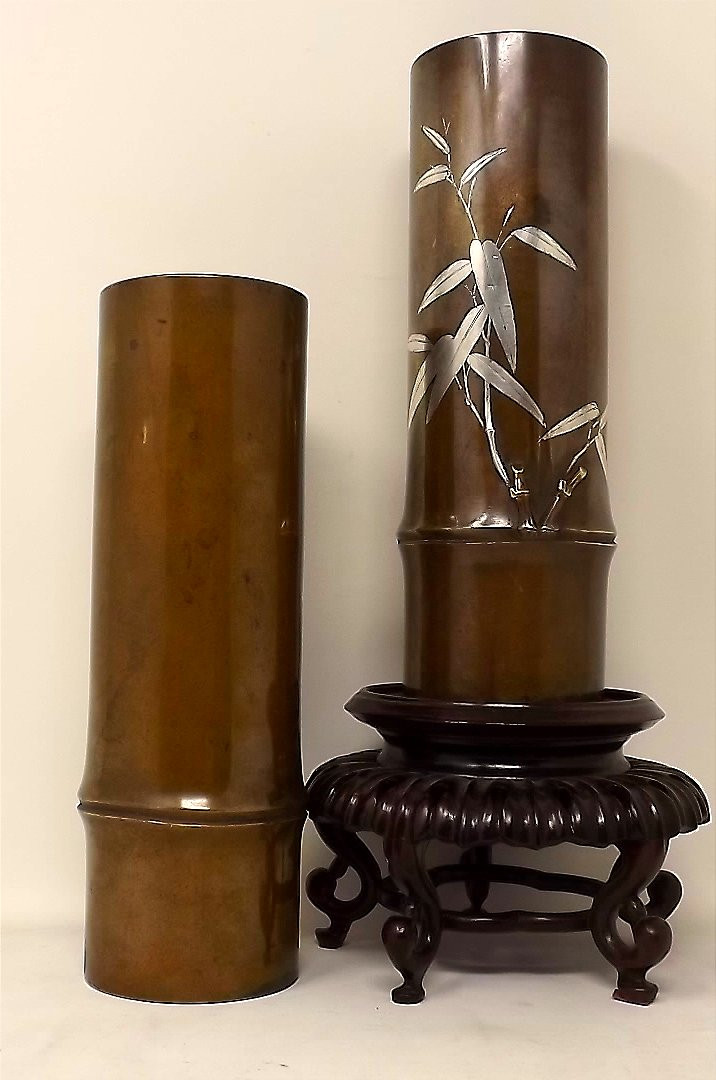 Paire de vases bronze Japonais forme et decor bambous argent Kitaoji Rosanjin Kyoto Kuroda-photo-2