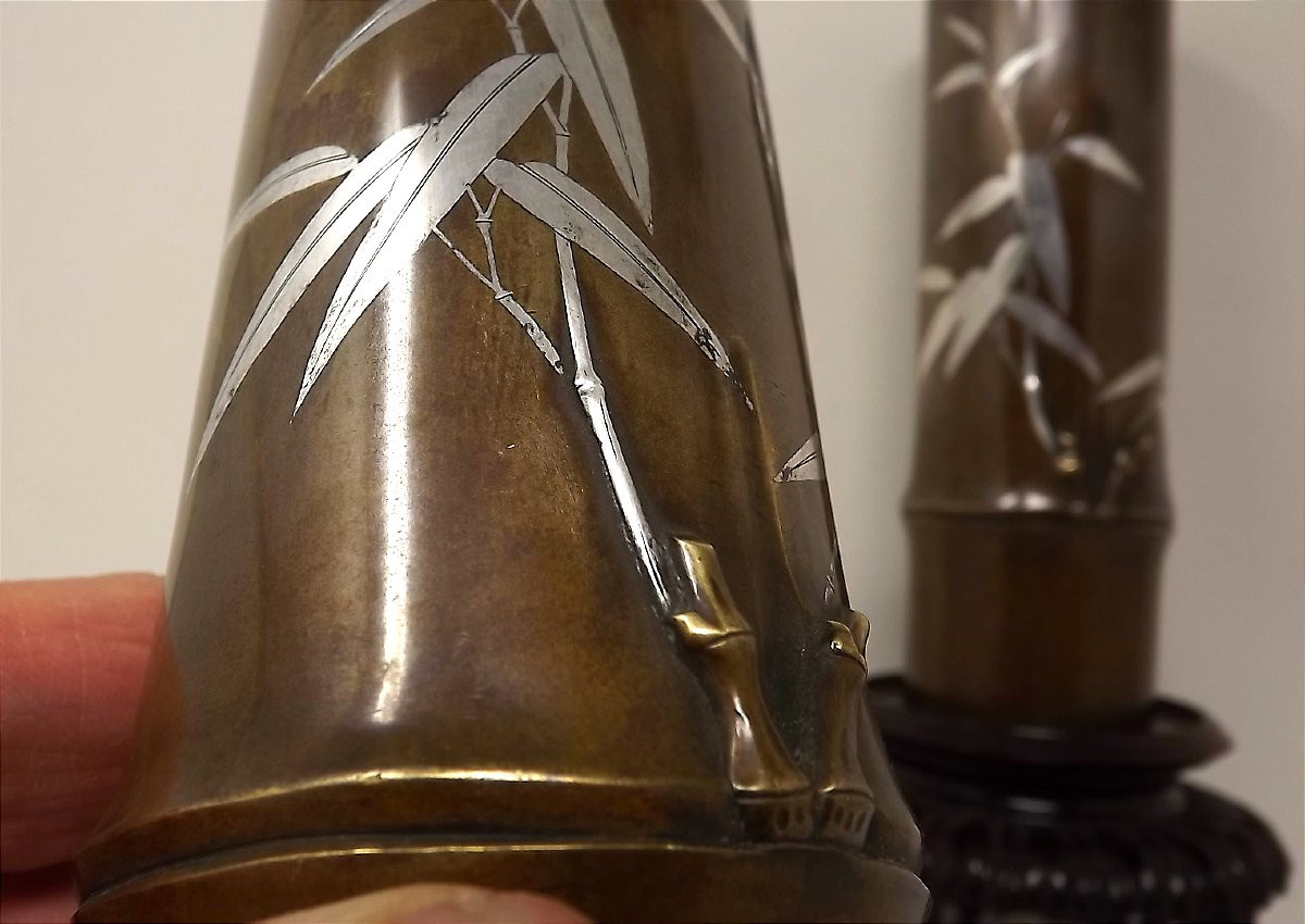 Paire de vases bronze Japonais forme et decor bambous argent Kitaoji Rosanjin Kyoto Kuroda-photo-1