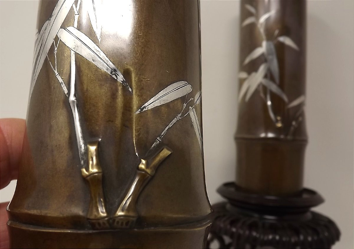 Paire de vases bronze Japonais forme et decor bambous argent Kitaoji Rosanjin Kyoto Kuroda-photo-2