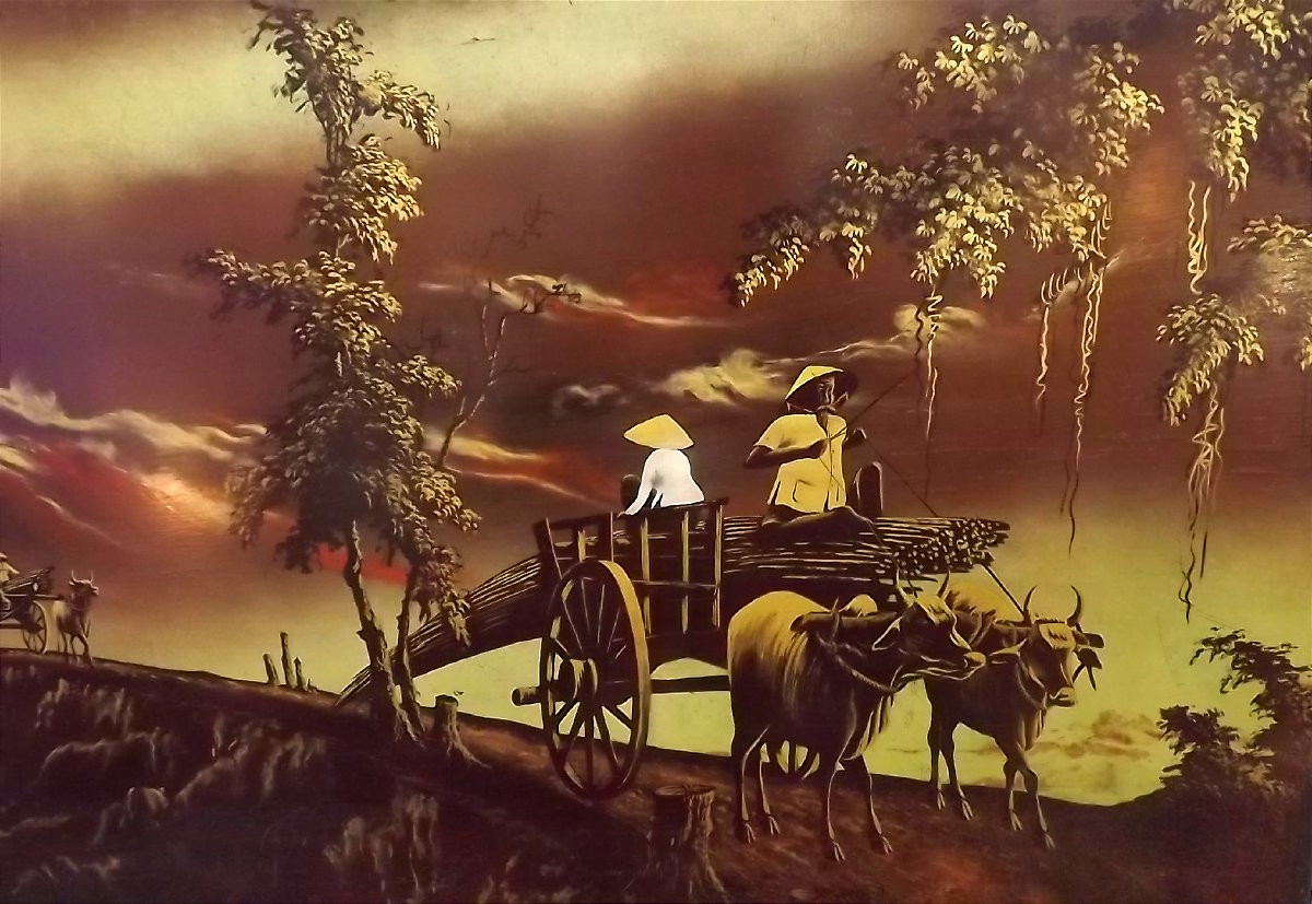 Vietnamese Lacquer Panel Depicting Peasants With Oxcarts By Thai Quang Duong-photo-2