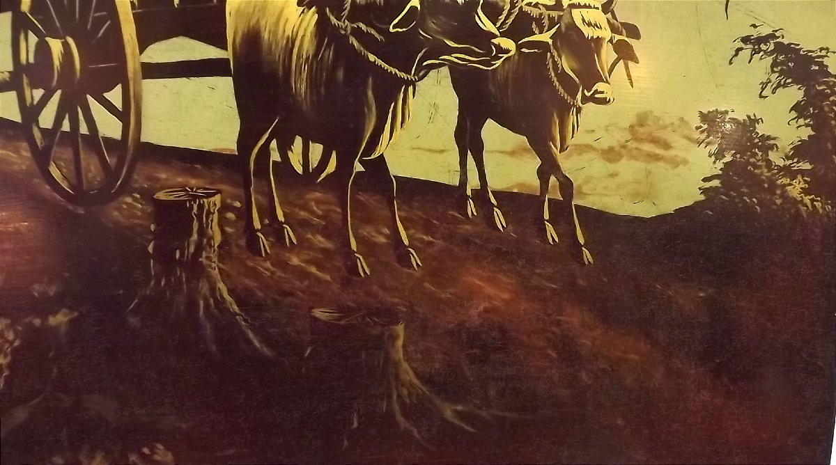 Vietnamese Lacquer Panel Depicting Peasants With Oxcarts By Thai Quang Duong-photo-4