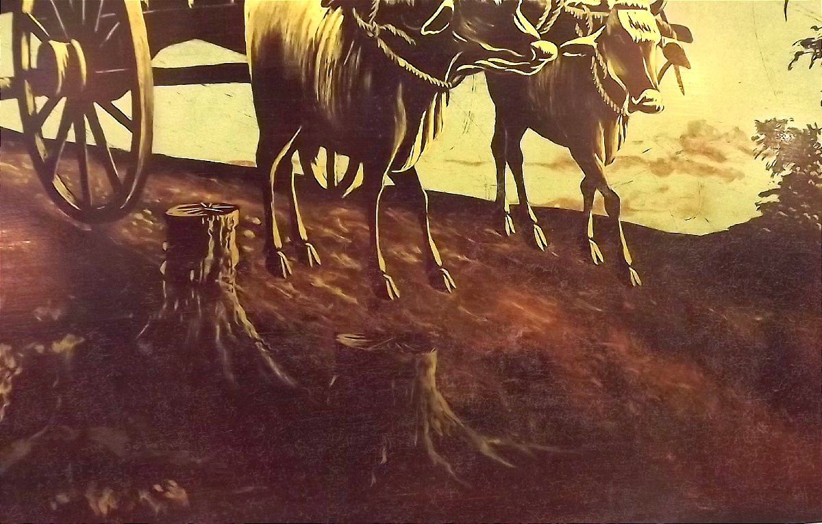 Vietnamese Lacquer Panel Depicting Peasants With Oxcarts By Thai Quang Duong-photo-2