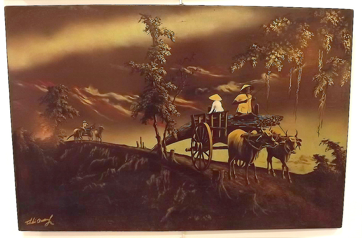 Vietnamese Lacquer Panel Depicting Peasants With Oxcarts By Thai Quang Duong