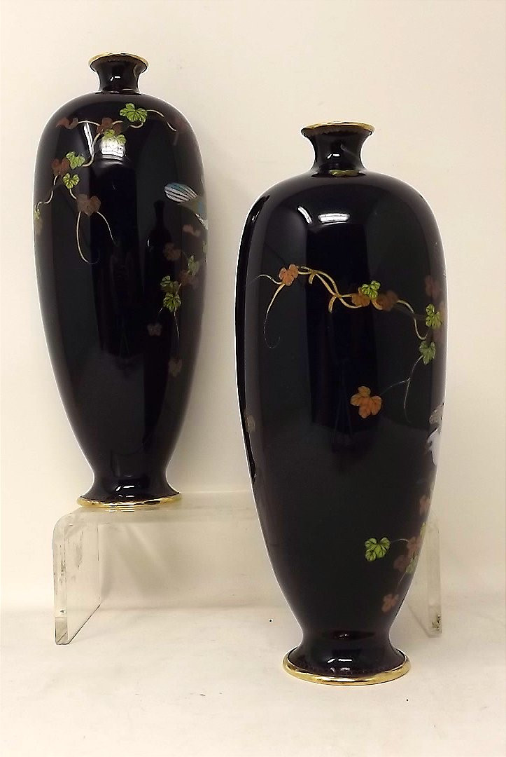 paire de vases Japonais cloisonnés époque Meiji oiseaux sur branches-photo-2