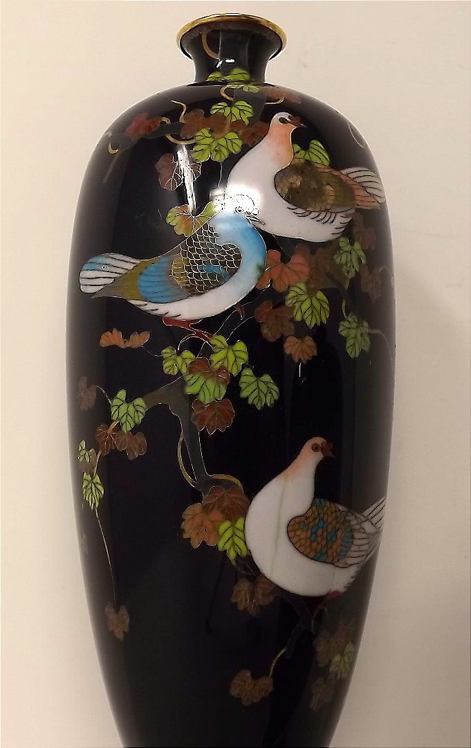 paire de vases Japonais cloisonnés époque Meiji oiseaux sur branches-photo-1