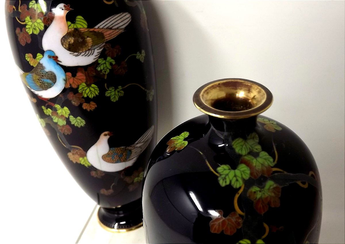 paire de vases Japonais cloisonnés époque Meiji oiseaux sur branches-photo-2