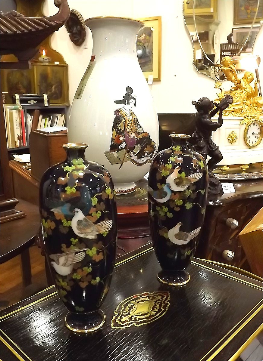 paire de vases Japonais cloisonnés époque Meiji oiseaux sur branches-photo-6
