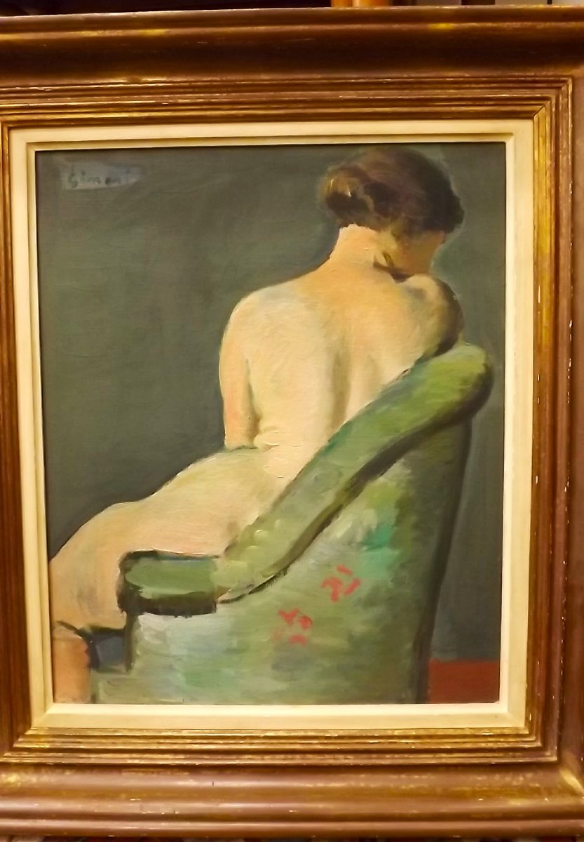 huile sur toile de Wilhelm Gimmi nu de dos au fauteuil vert