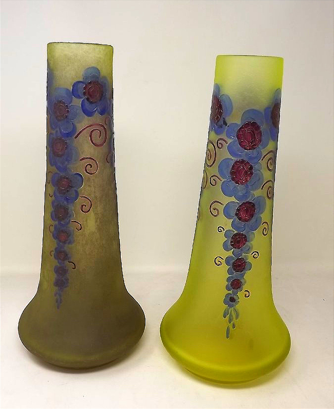Paire de vases Legras en ouraline art déco décoré de myosotis stylisés-photo-4