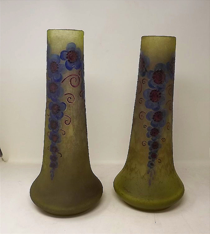Paire de vases Legras en ouraline art déco décoré de myosotis stylisés-photo-1