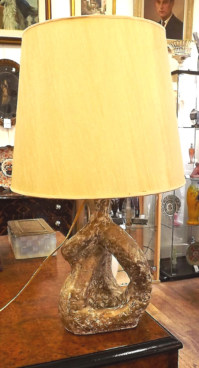 Ceramic Lamp By Juliette Derel And Jean Rivier, With Original Lampshade-photo-2