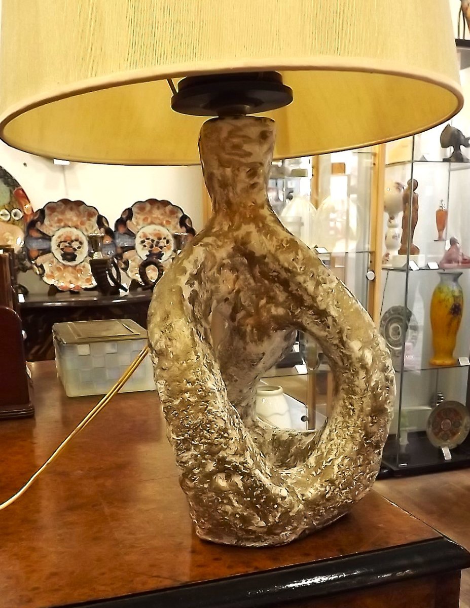Ceramic Lamp By Juliette Derel And Jean Rivier, With Original Lampshade-photo-4
