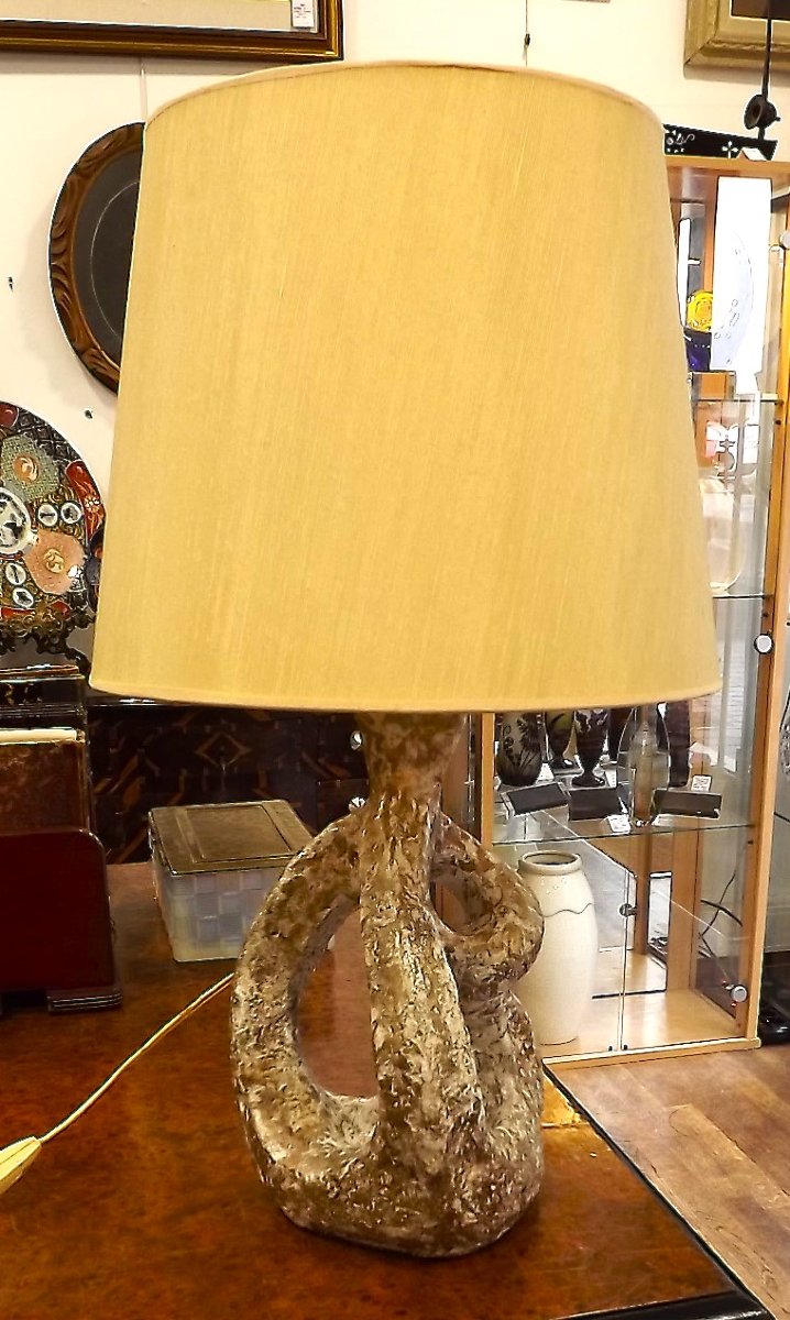 Ceramic Lamp By Juliette Derel And Jean Rivier, With Original Lampshade-photo-1