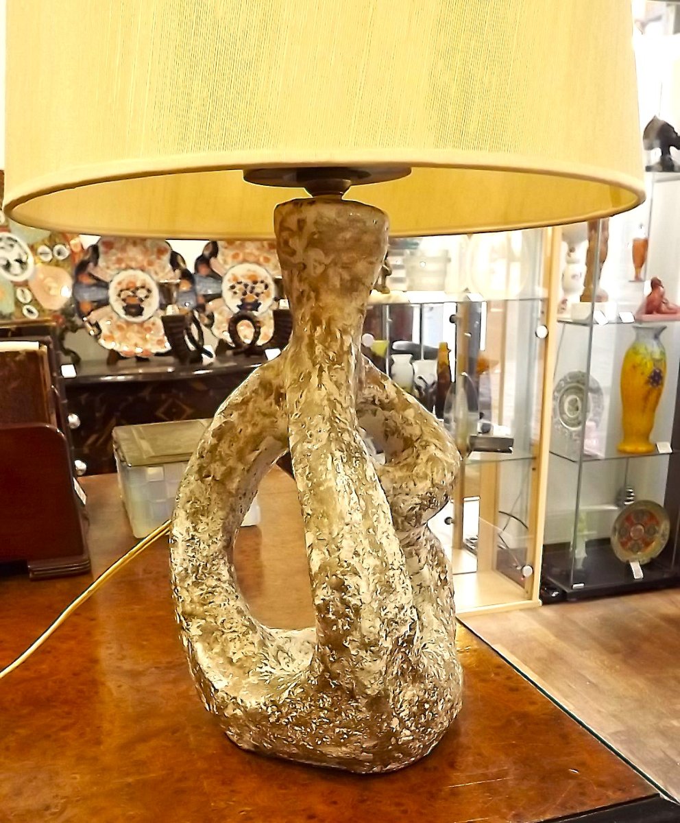 Ceramic Lamp By Juliette Derel And Jean Rivier, With Original Lampshade