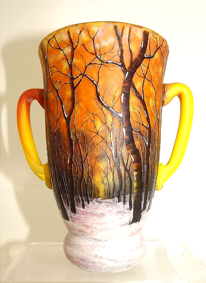 Vase Daum à la forêt sous la neige paysage d'hiver à deux anses-photo-4