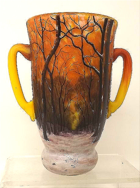Vase Daum à la forêt sous la neige paysage d'hiver à deux anses